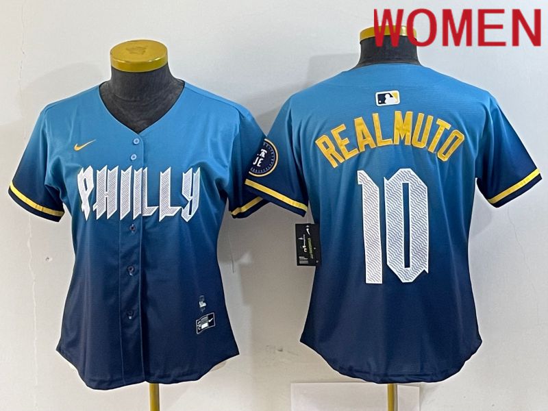 Women Philadelphia Phillies #10 Realmuto Blue City Edition Nike 2024 MLB Jersey style 1